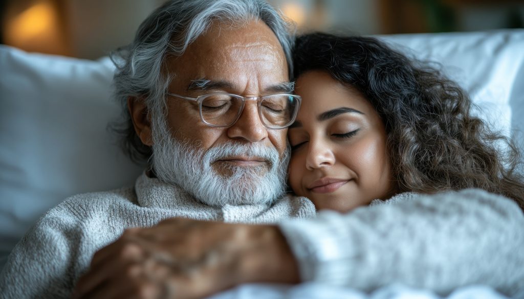 compassionate care a senior man finds solace in the gentle embrace of a professional healthcare provider in a hospital bed, reflecting empathetic care, comfort, and healing during illness