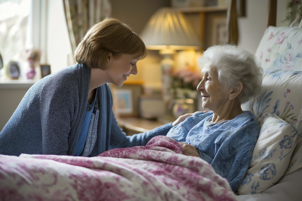young volunteer helping elderly cancer patient with blanket in hospice care room, compassionate moment.